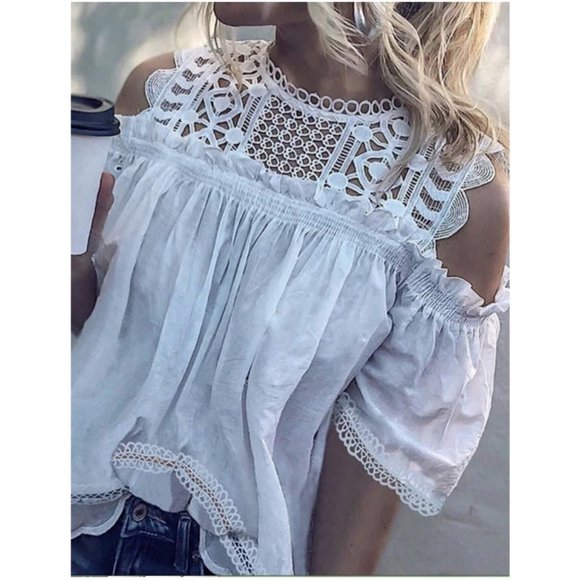 Boho White Cut out Shoulder lace Embroidered Top - Picture 2 of 2